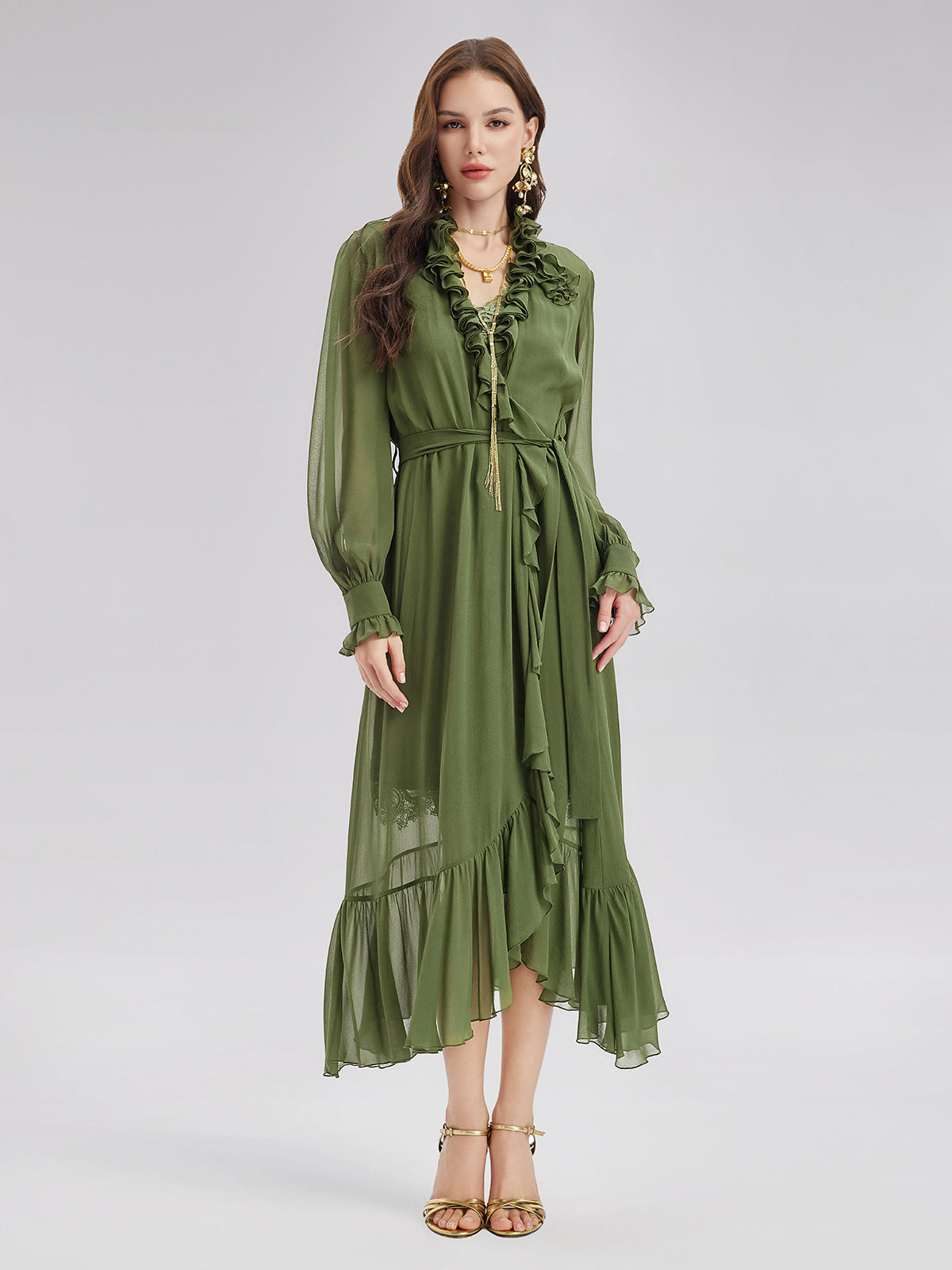 Silk Ruffle Hem Maxi Dress with Lace Cami