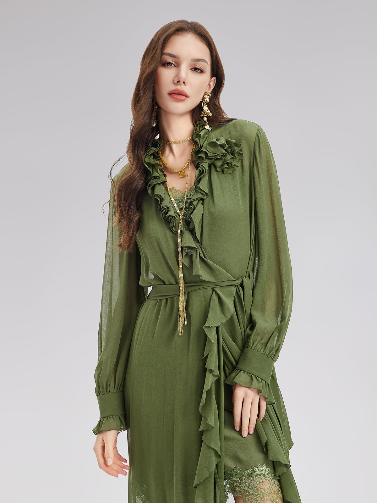 Silk Ruffle Hem Maxi Dress with Lace Cami