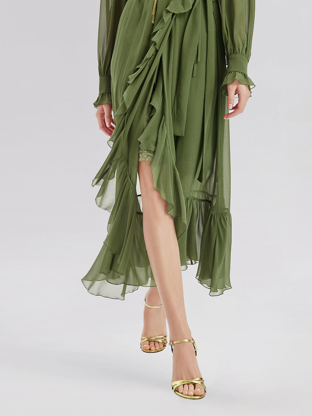 Silk Ruffle Hem Maxi Dress with Lace Cami