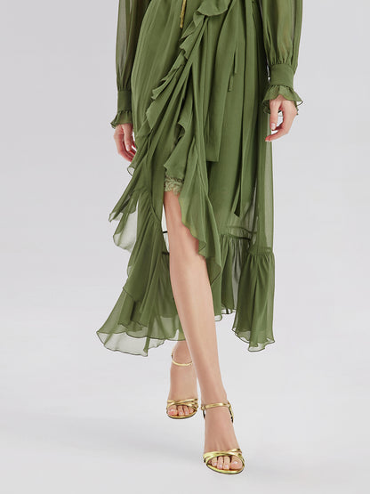 Silk Ruffle Hem Maxi Dress with Lace Cami