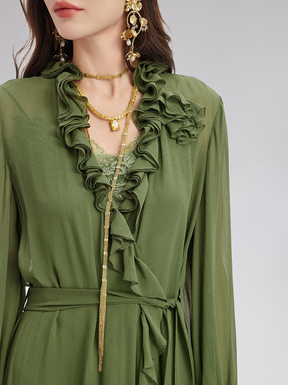 Silk Ruffle Hem Maxi Dress with Lace Cami