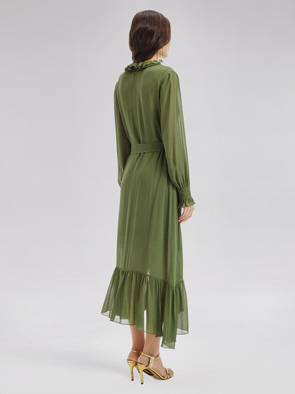 Silk Ruffle Hem Maxi Dress with Lace Cami