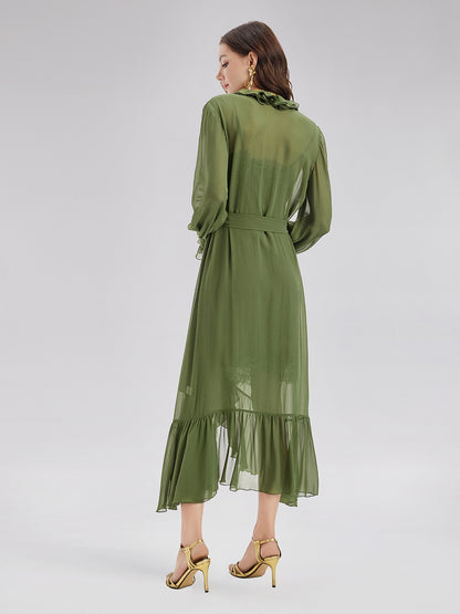 Silk Ruffle Hem Maxi Dress with Lace Cami