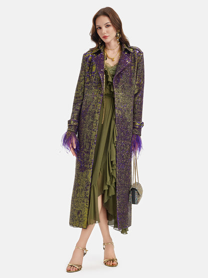 Two-Tone Sequin Ostrich Feather Trench Coat