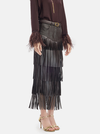 Fringe Leather Layered Skirt With Belt