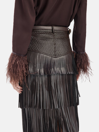 Fringe Leather Layered Skirt With Belt