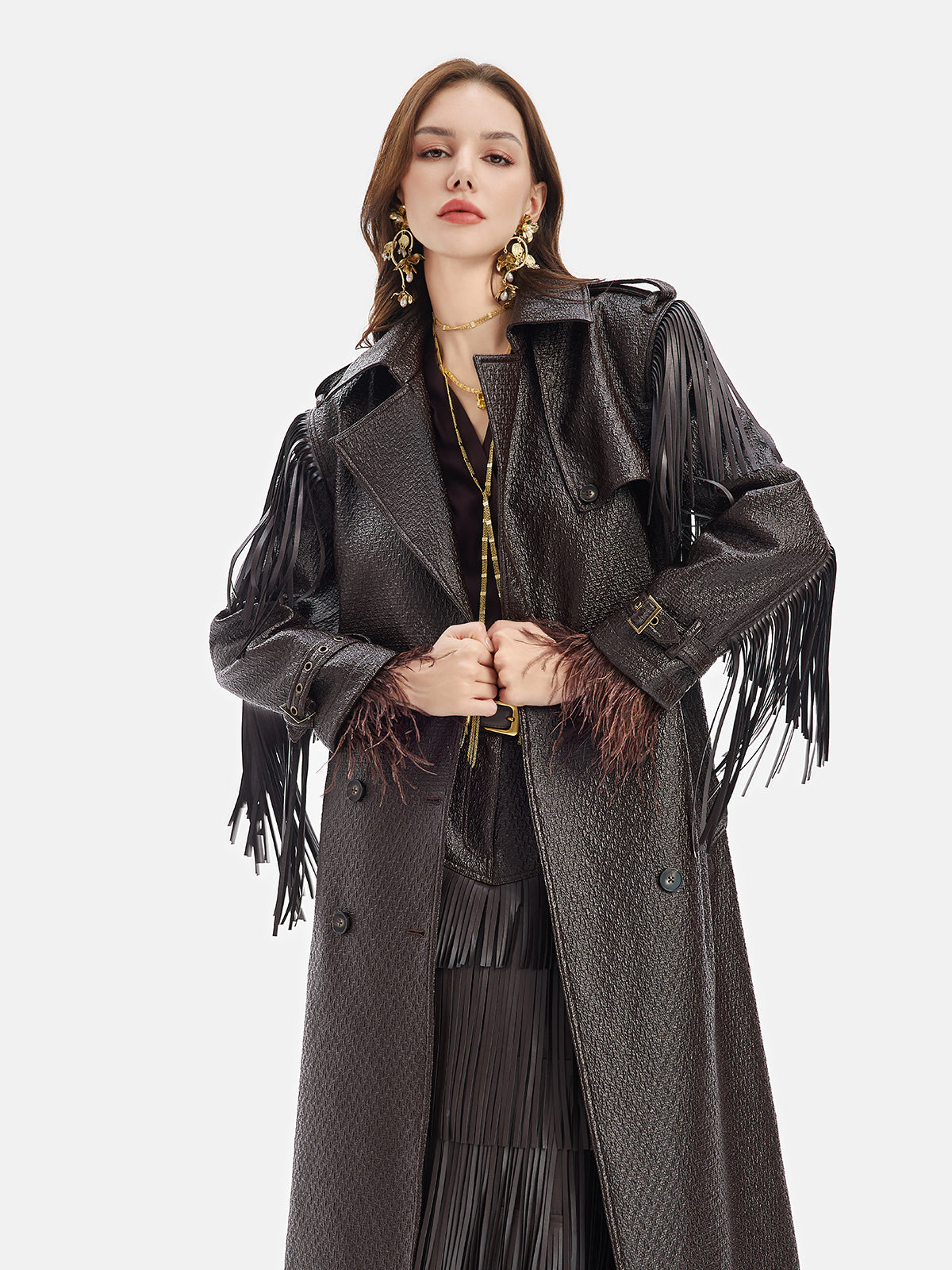 Fringe Double-Breasted Leather Trench