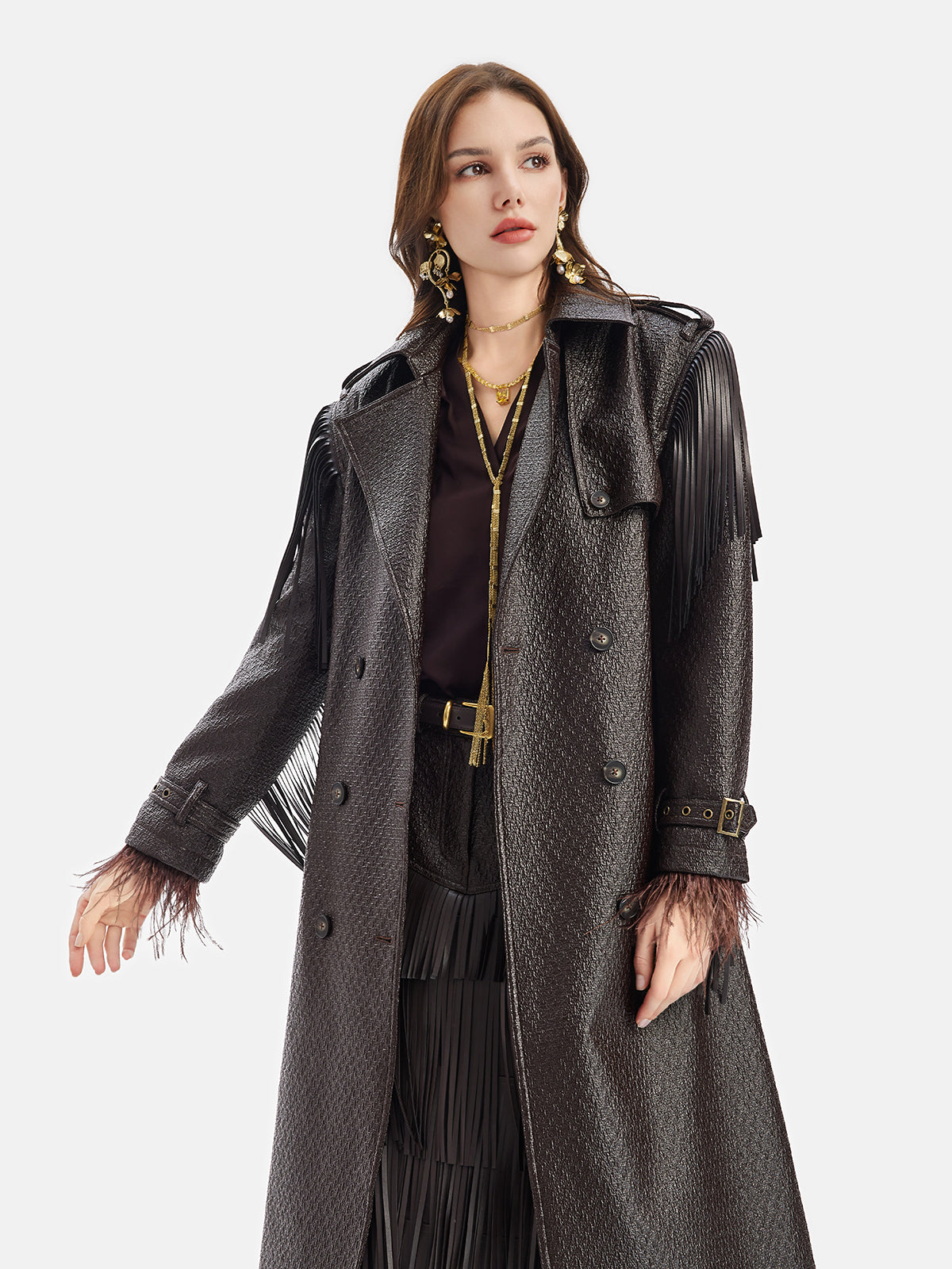 Fringe Double-Breasted Leather Trench