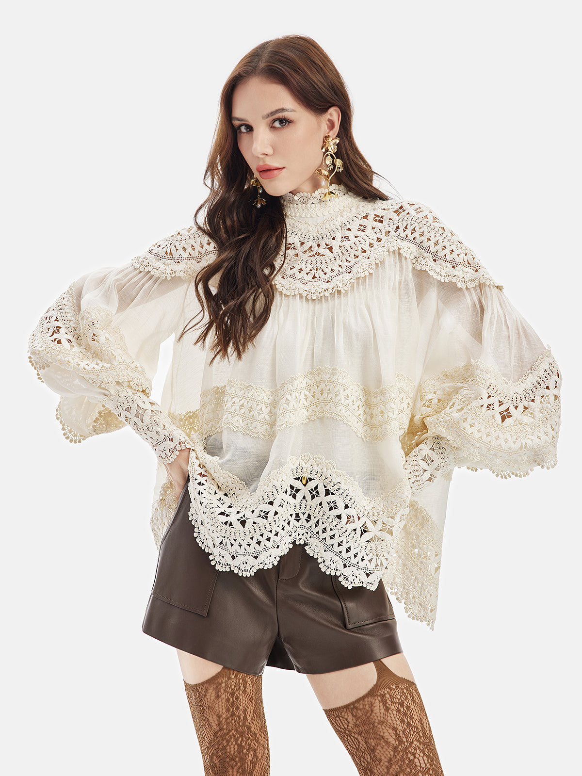 Embroidered Lace Lantern Sleeve Blouse