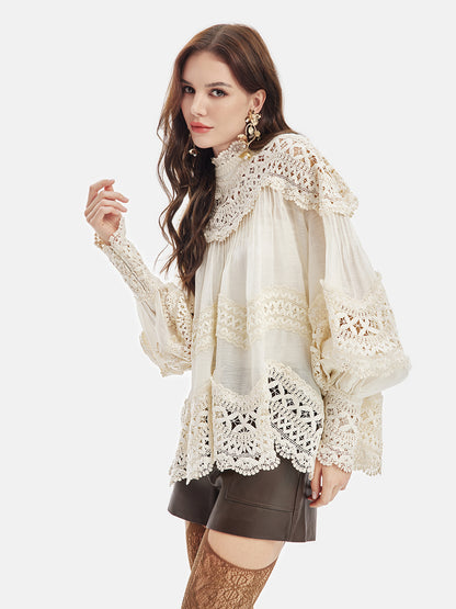 Embroidered Lace Lantern Sleeve Blouse