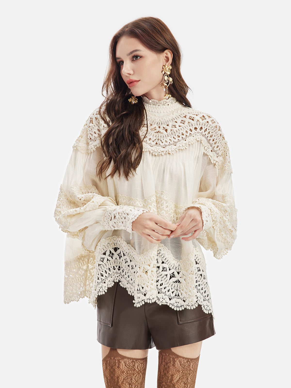 Embroidered Lace Lantern Sleeve Blouse