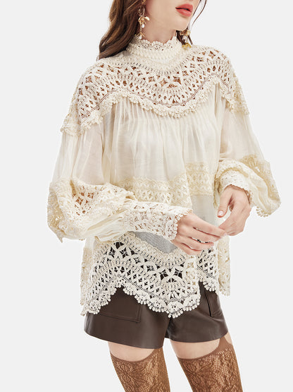 Embroidered Lace Lantern Sleeve Blouse