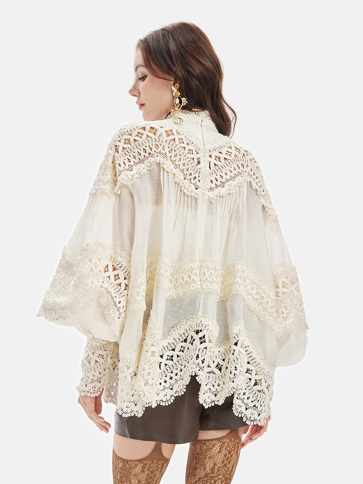 Embroidered Lace Lantern Sleeve Blouse