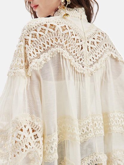 Embroidered Lace Lantern Sleeve Blouse