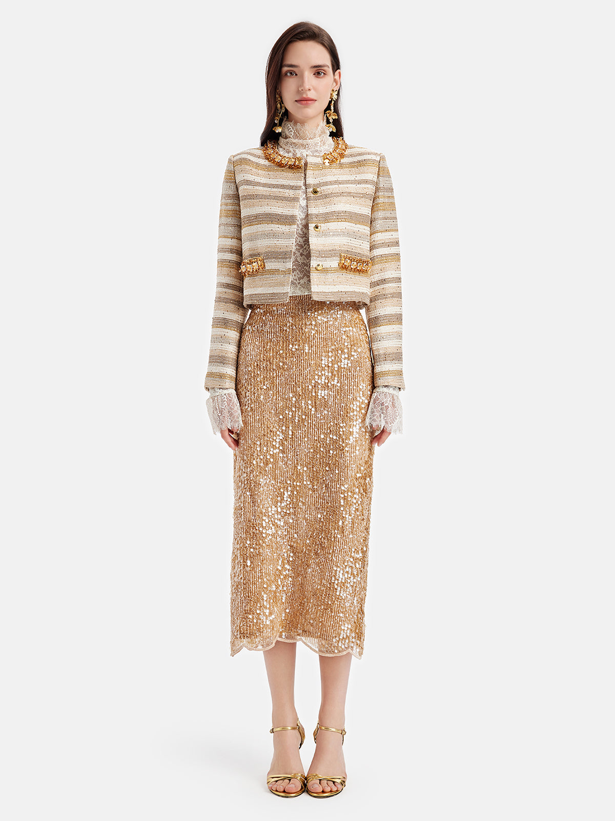 Jacquard Beaded Metallic Tweed Coat