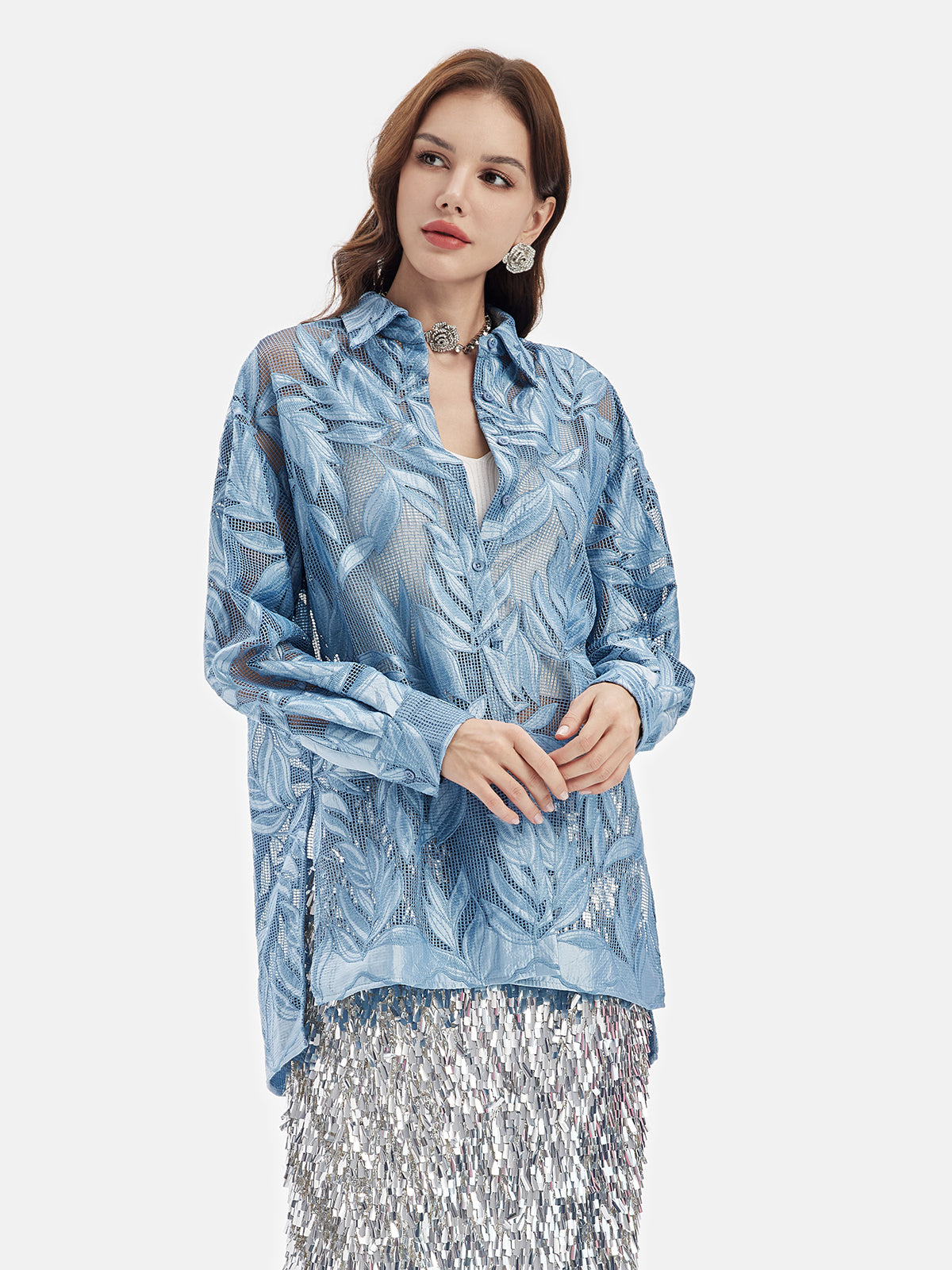 Embroidered Sheer Leaf Shirt