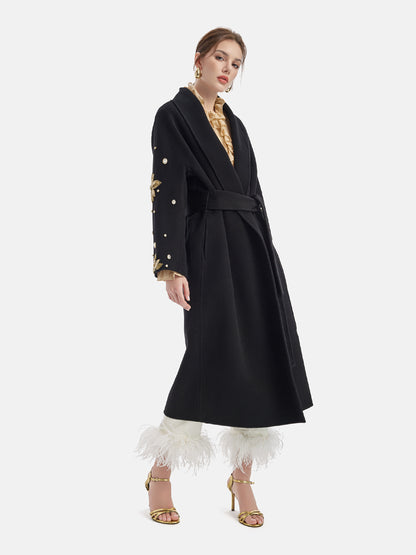 Heavy Beaded Long Wool Coat