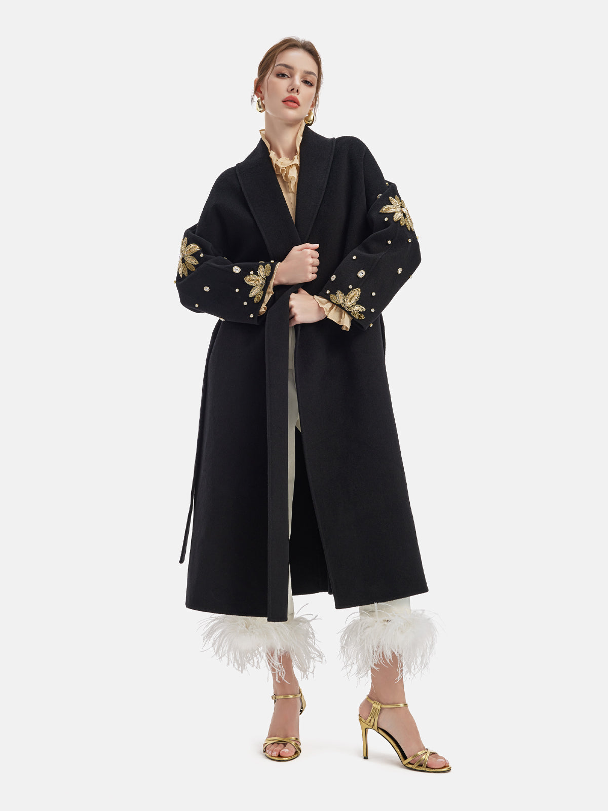 Heavy Beaded Long Wool Coat