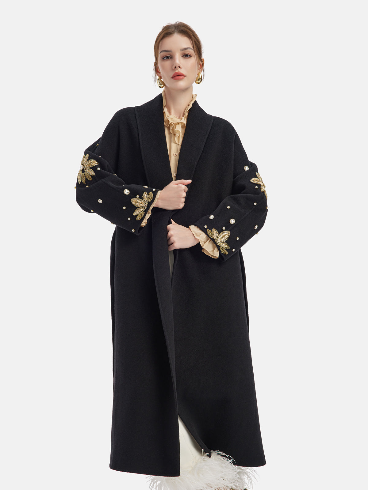 Heavy Beaded Long Wool Coat