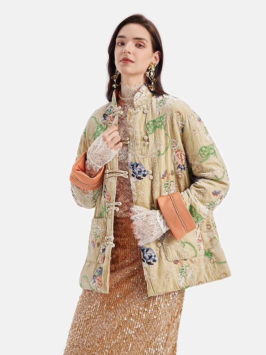 Silk Velvet Embroidered Down Coat