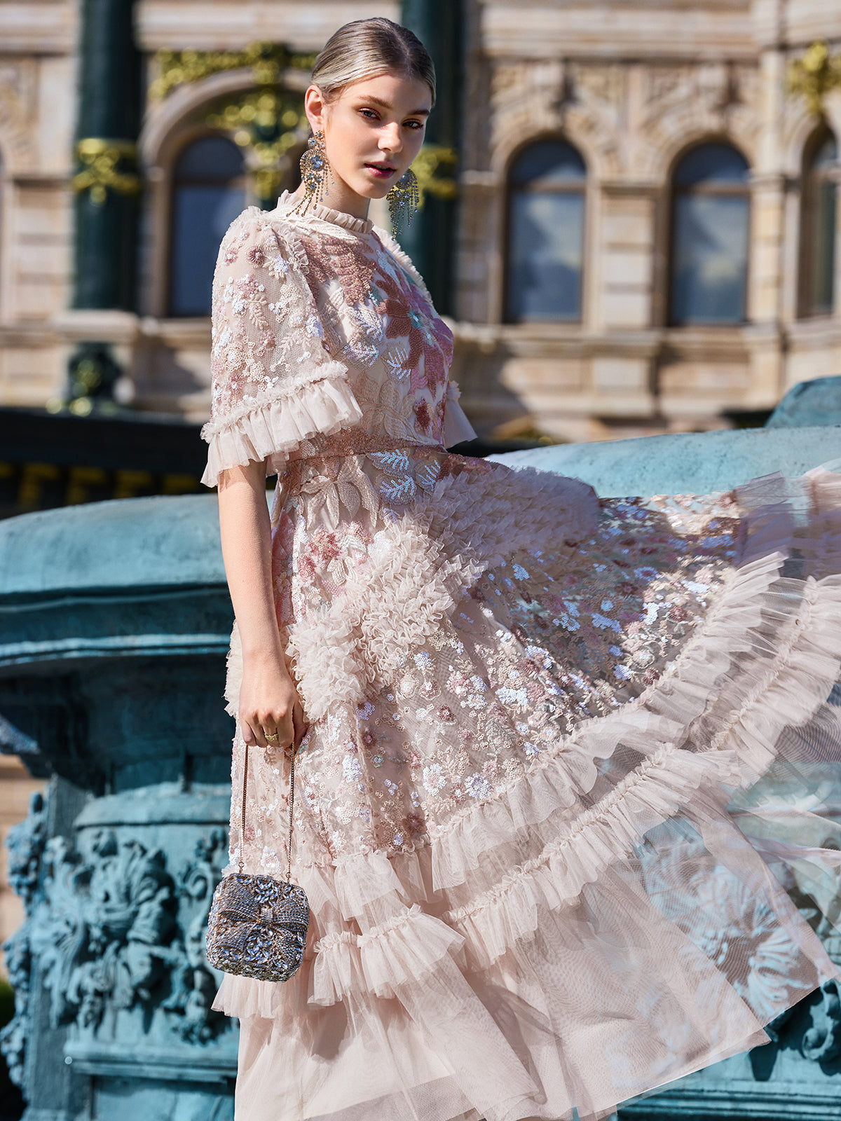 3D Floral Sequin Tulle Ruffle Dress