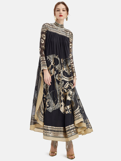 Vintage Black And Gold Printed Batwing Cape Dress