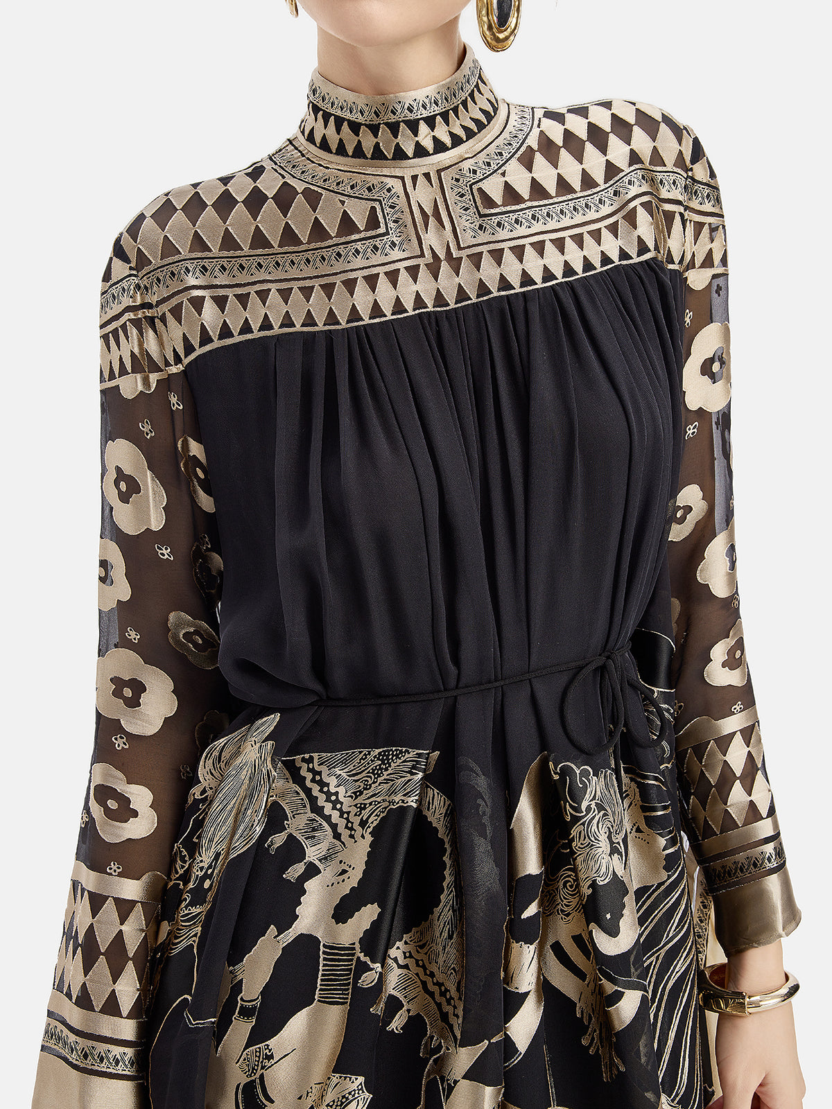 Vintage Black And Gold Printed Batwing Cape Dress