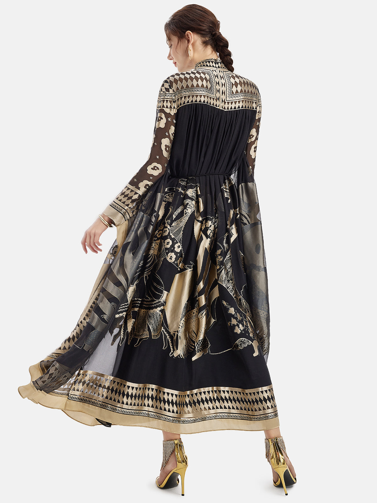 Vintage Black And Gold Printed Batwing Cape Dress