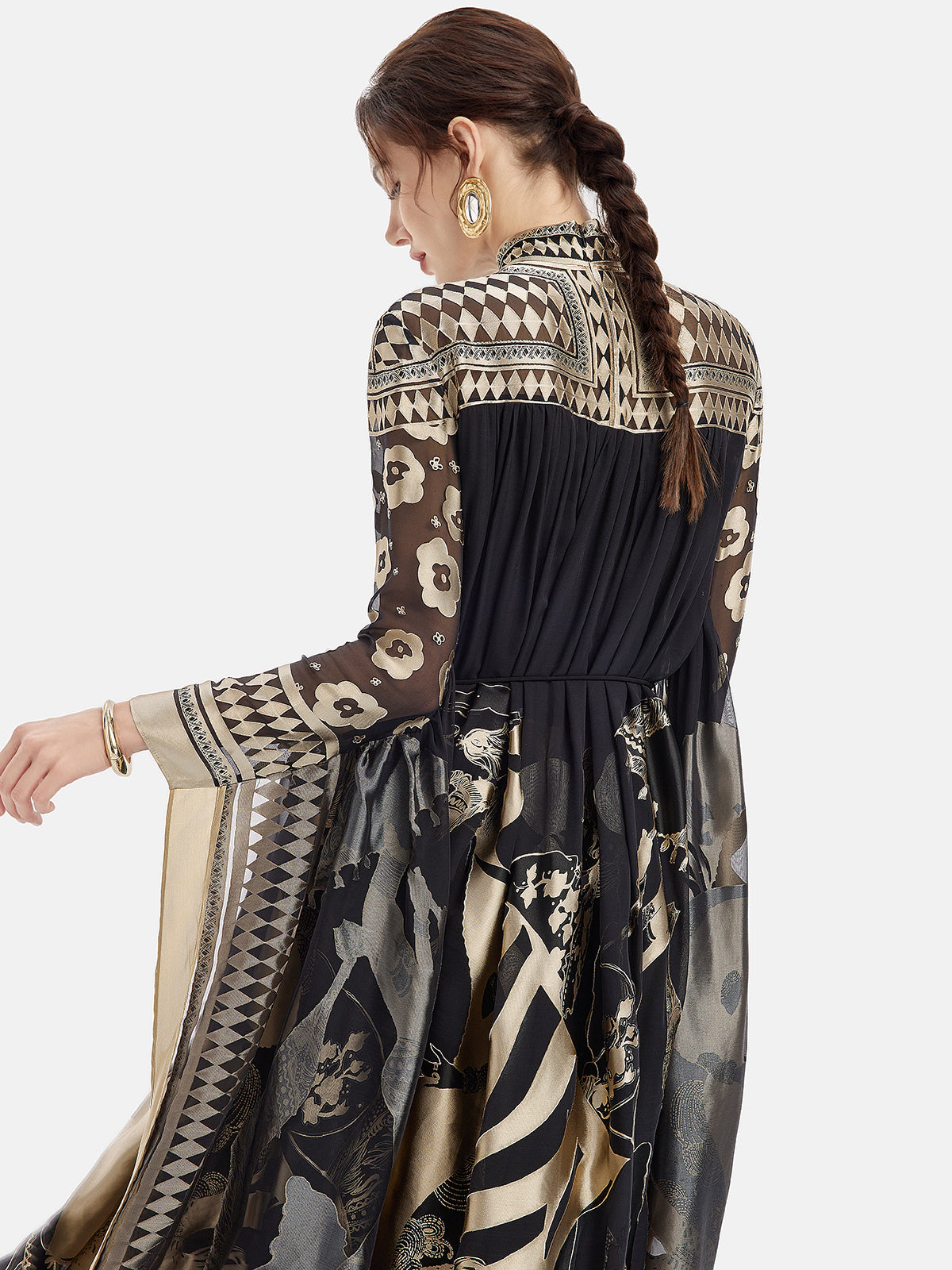 Vintage Black And Gold Printed Batwing Cape Dress