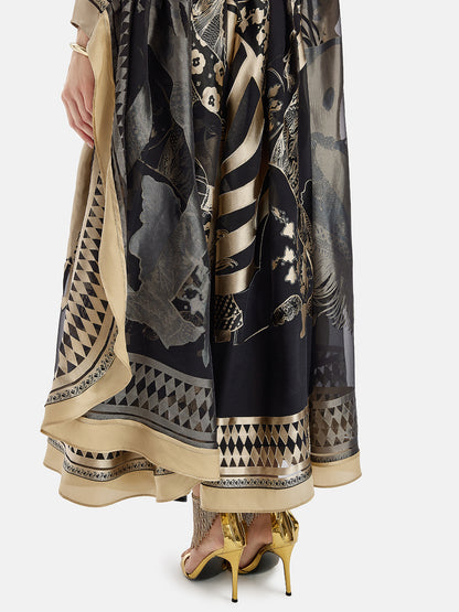 Vintage Black And Gold Printed Batwing Cape Dress