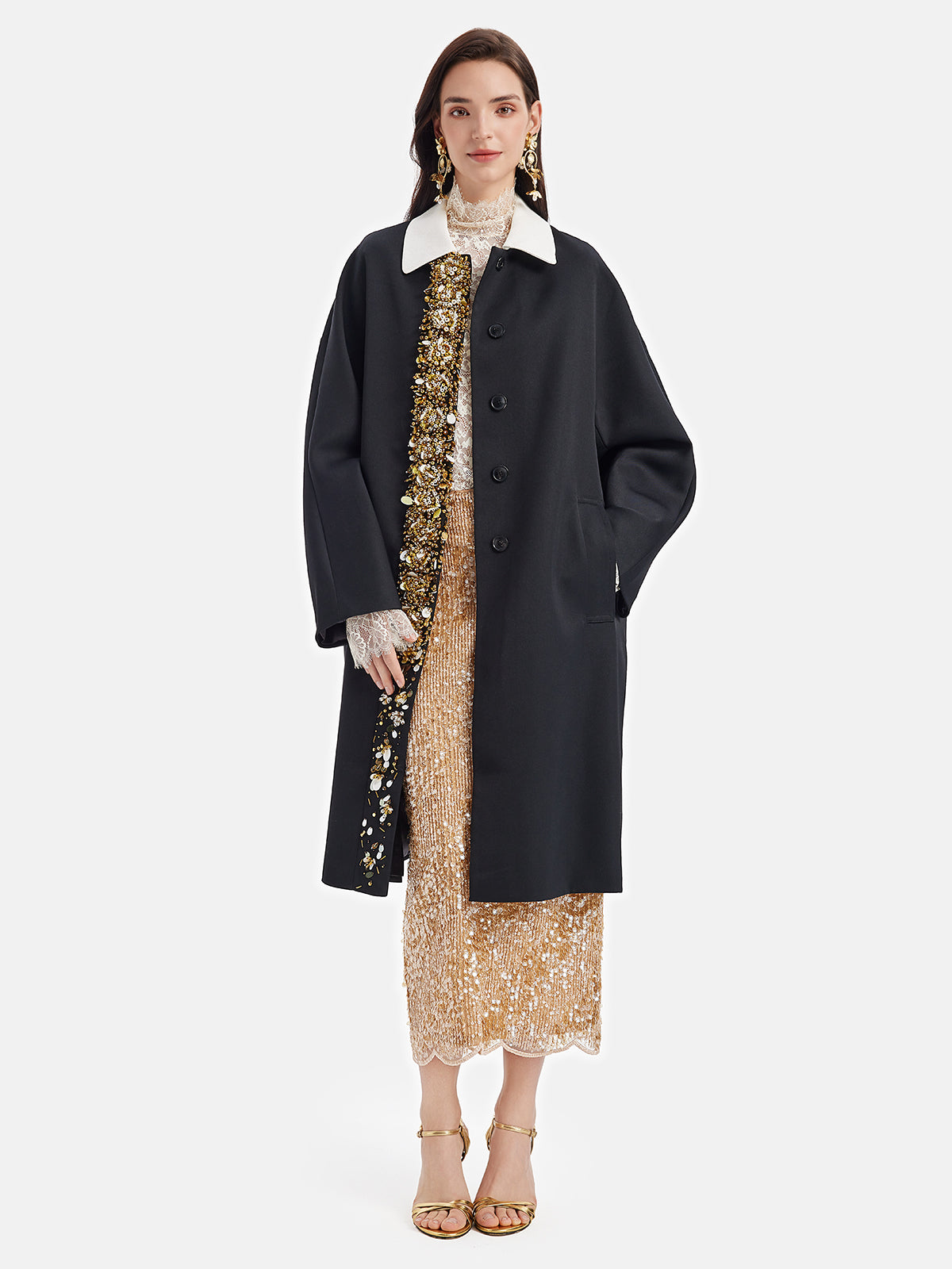 French Beaded Wool Trench Coat