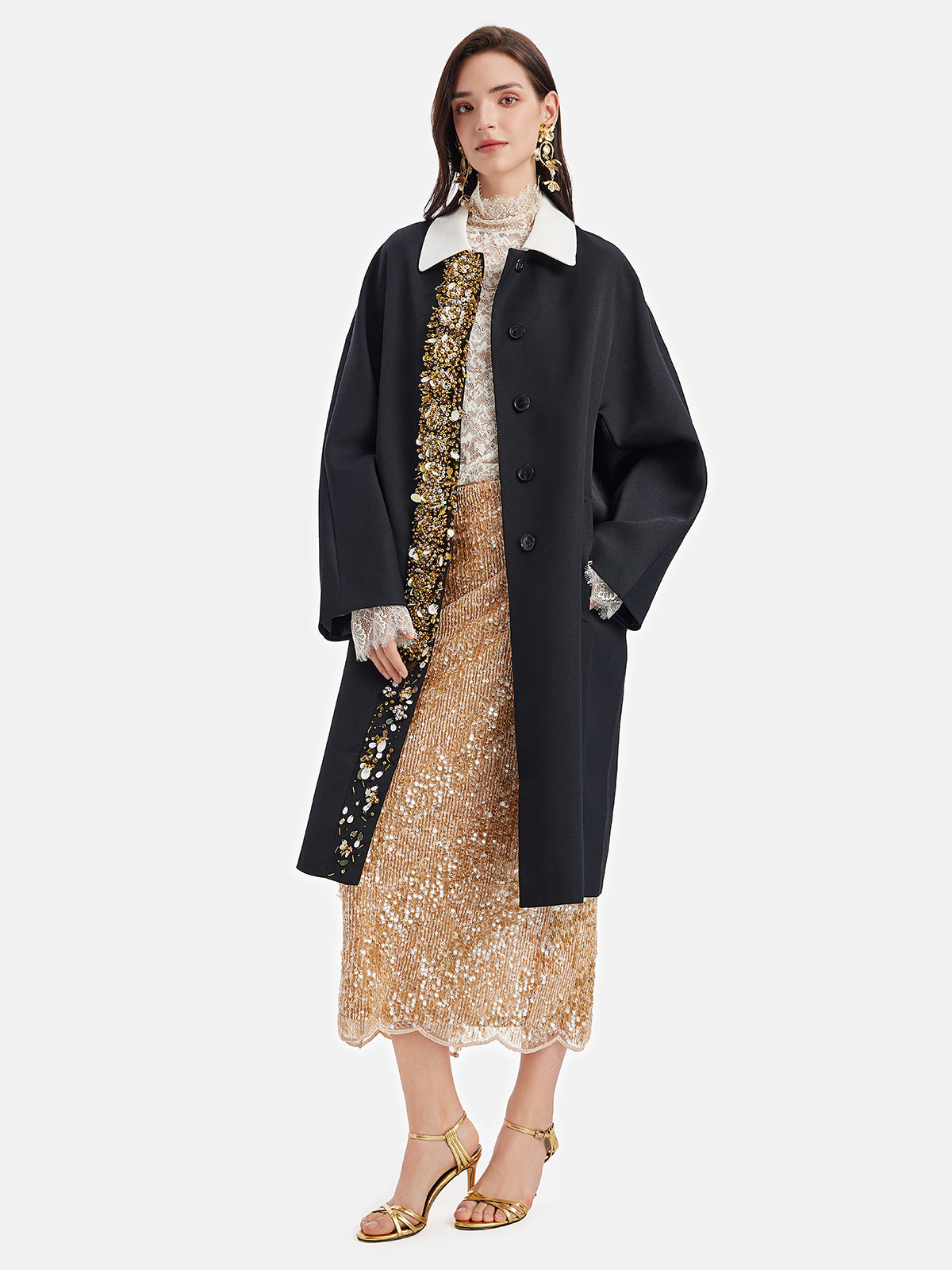 French Beaded Wool Trench Coat