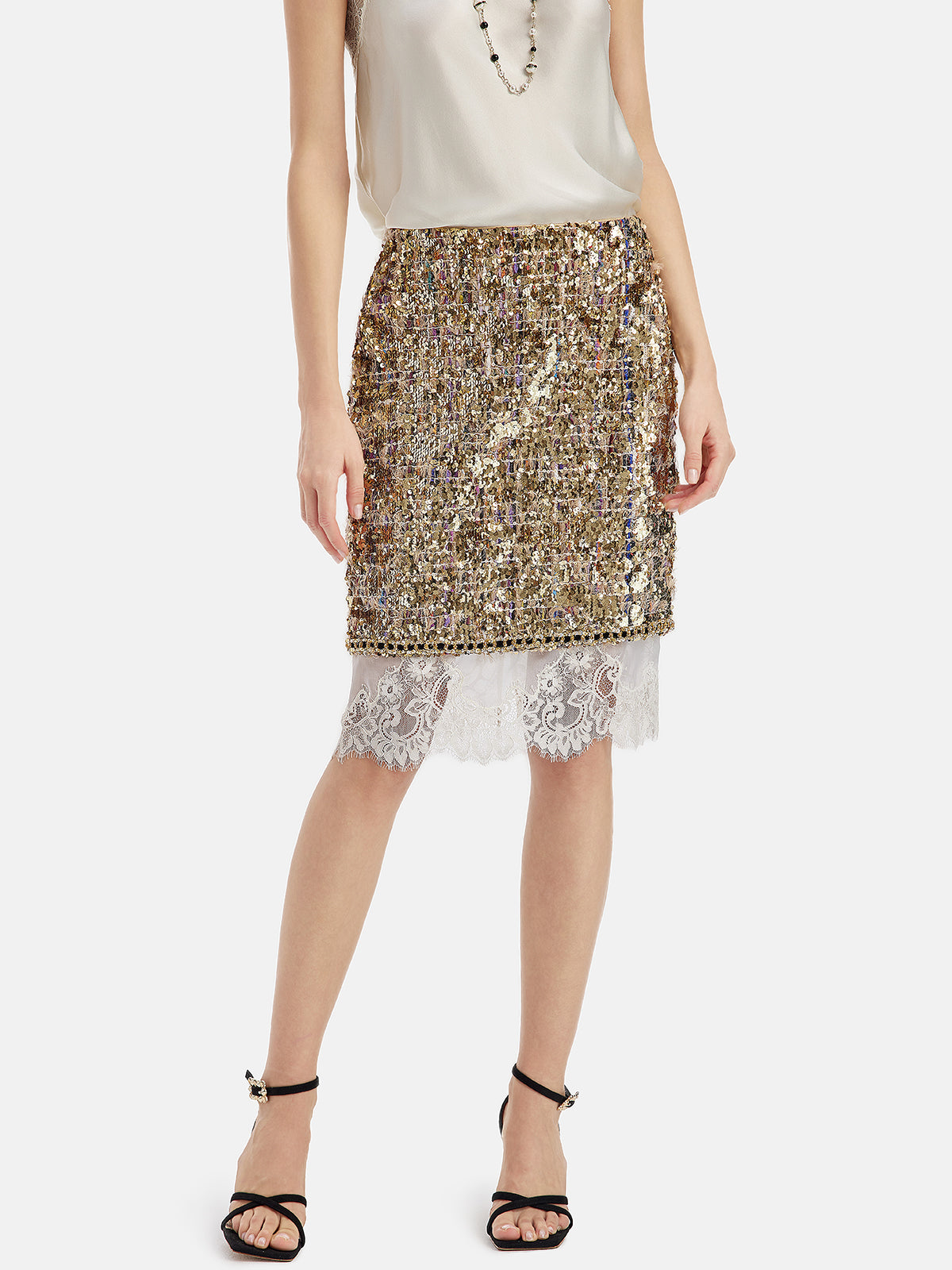 Heavy-Duty Sequin Patchwork Lace Trim Mini Skirt