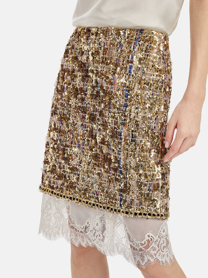 Heavy-Duty Sequin Patchwork Lace Trim Mini Skirt