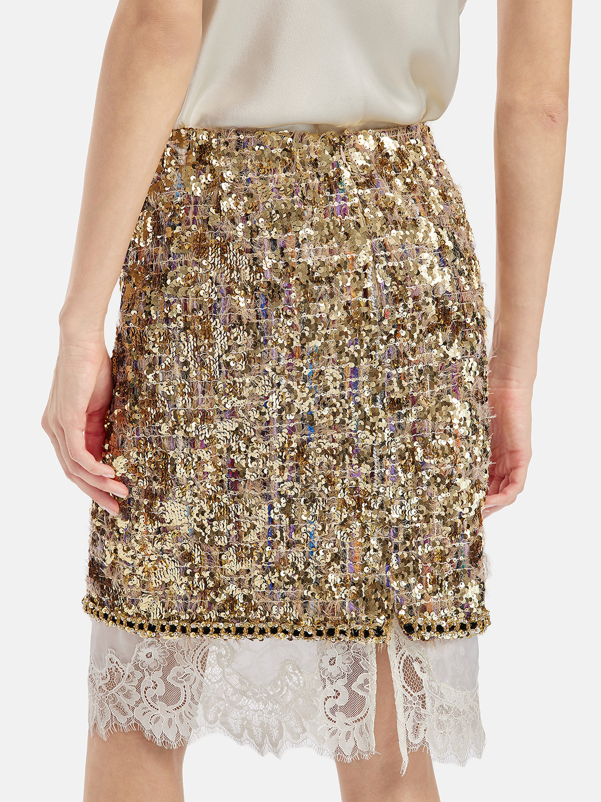 Heavy-Duty Sequin Patchwork Lace Trim Mini Skirt