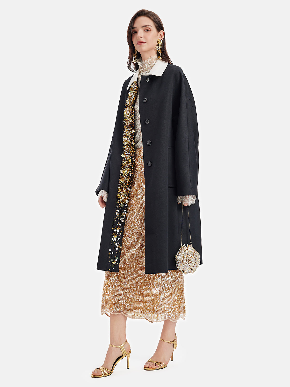 French Beaded Wool Trench Coat