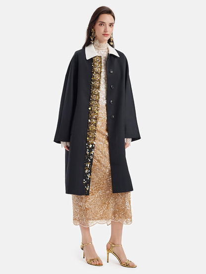 French Beaded Wool Trench Coat