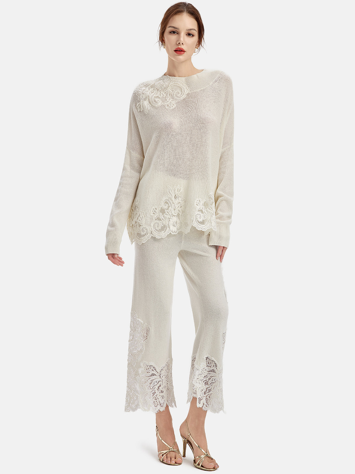 Lace Cashmere Straight-Leg Pants