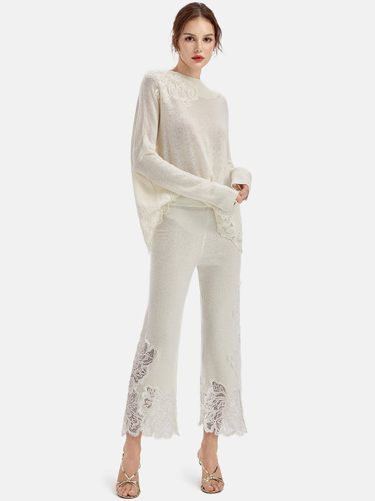 Lace Cashmere Straight-Leg Pants