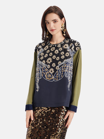 Daisy Embroidered Jewel-Trimmed Top