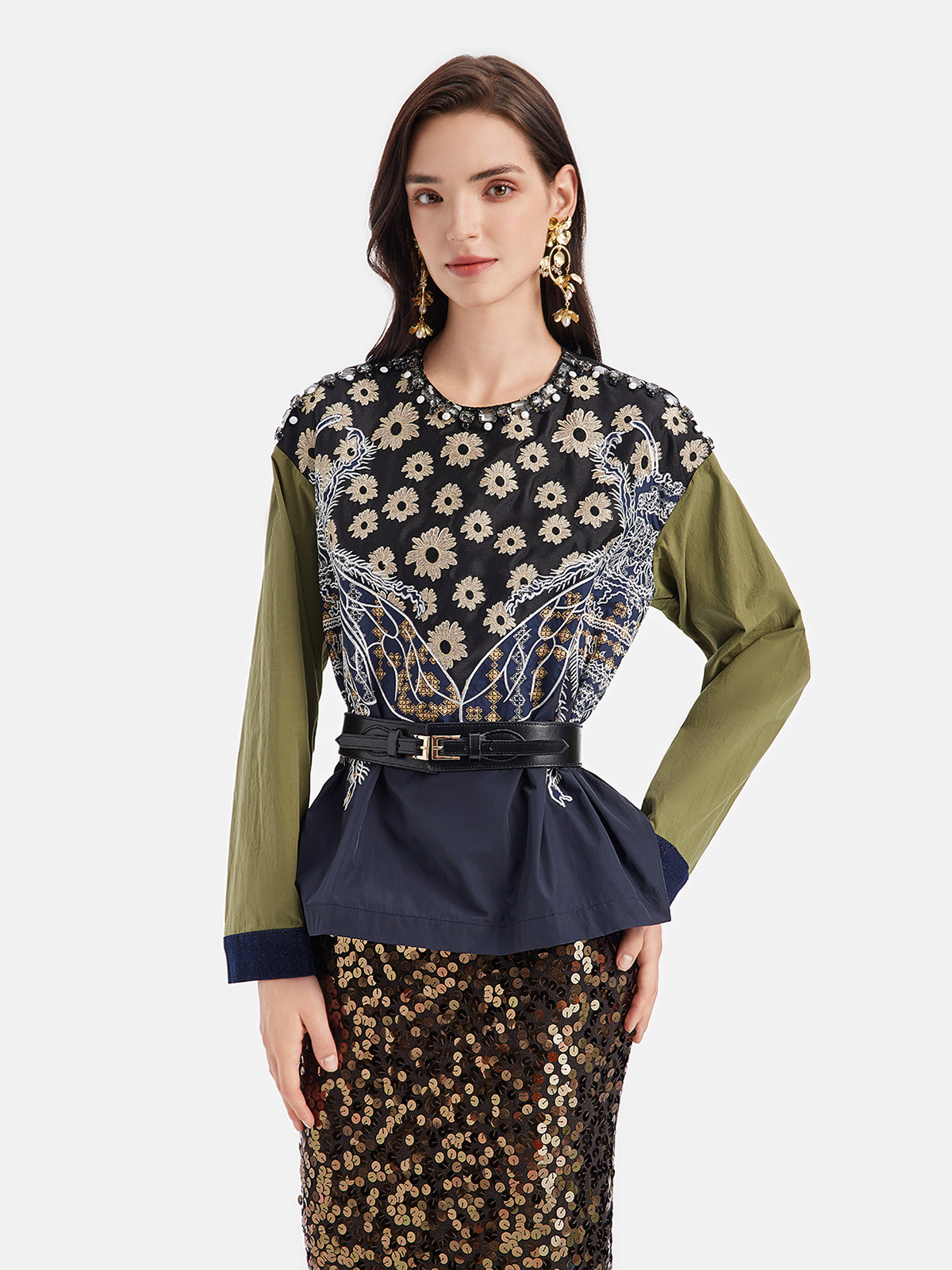 Daisy Embroidered Jewel-Trimmed Top