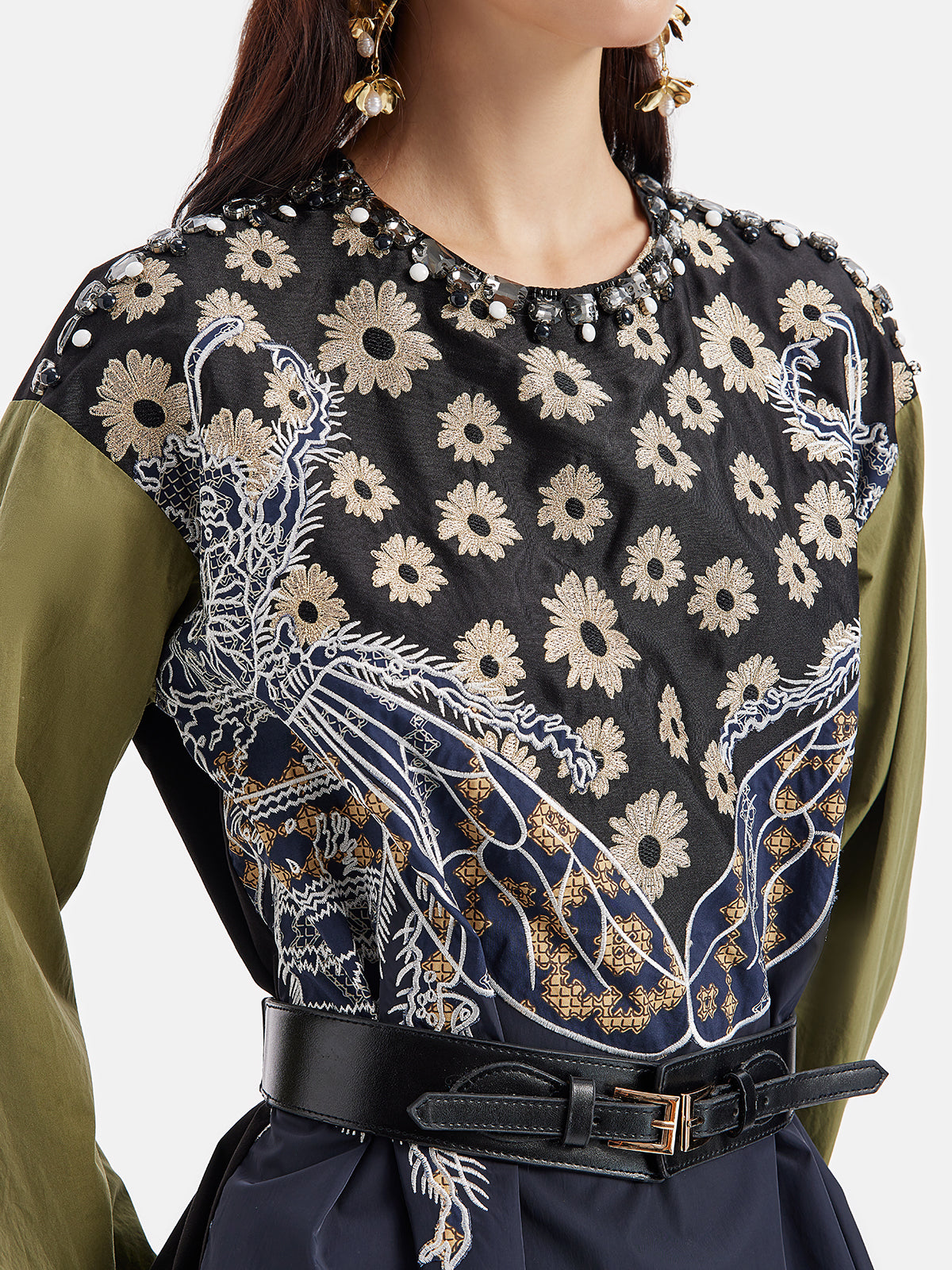 Daisy Embroidered Jewel-Trimmed Top