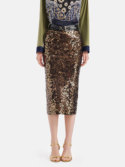 Hand-Beaded Wool Sequin Skirt