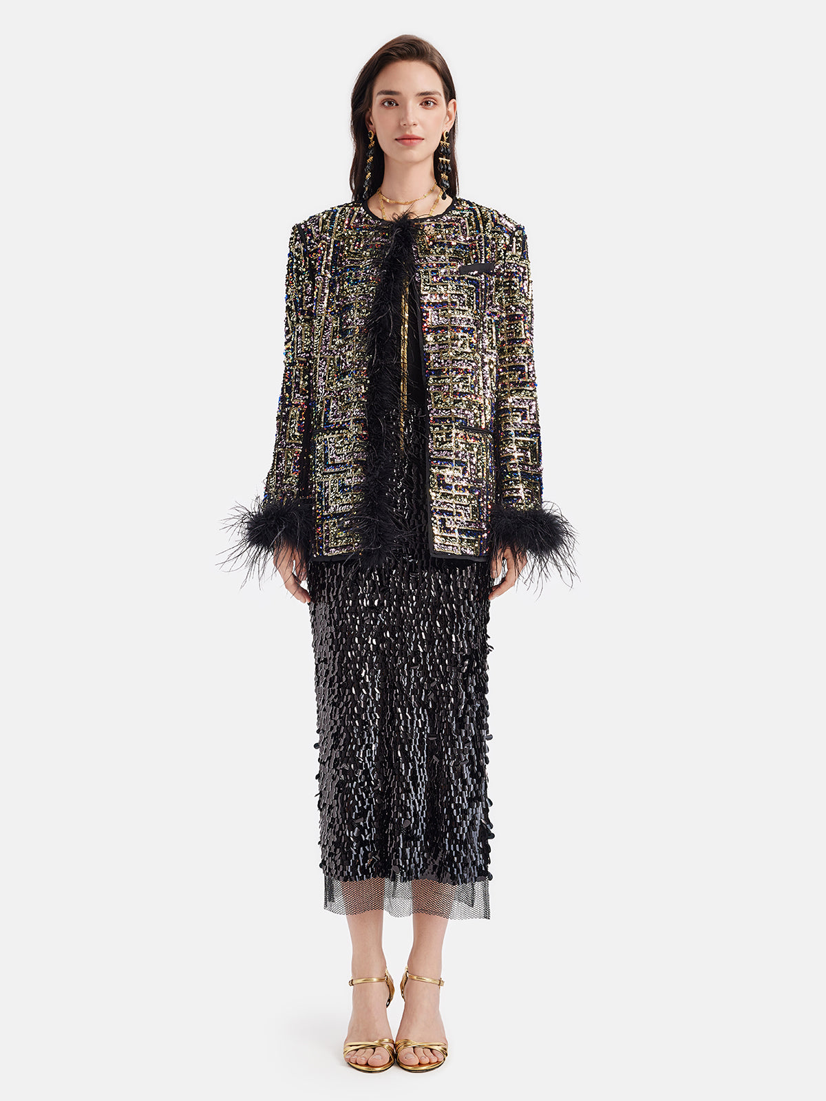 Velvet Sequin Ostrich Feather Coat