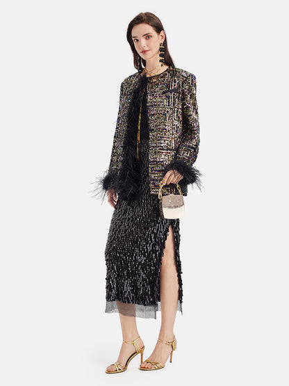 Velvet Sequin Ostrich Feather Coat