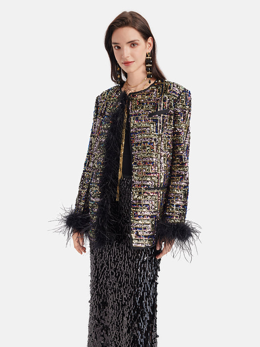 Velvet Sequin Ostrich Feather Coat