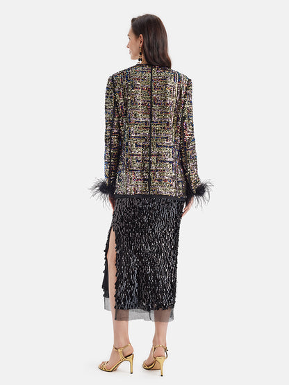 Velvet Sequin Ostrich Feather Coat