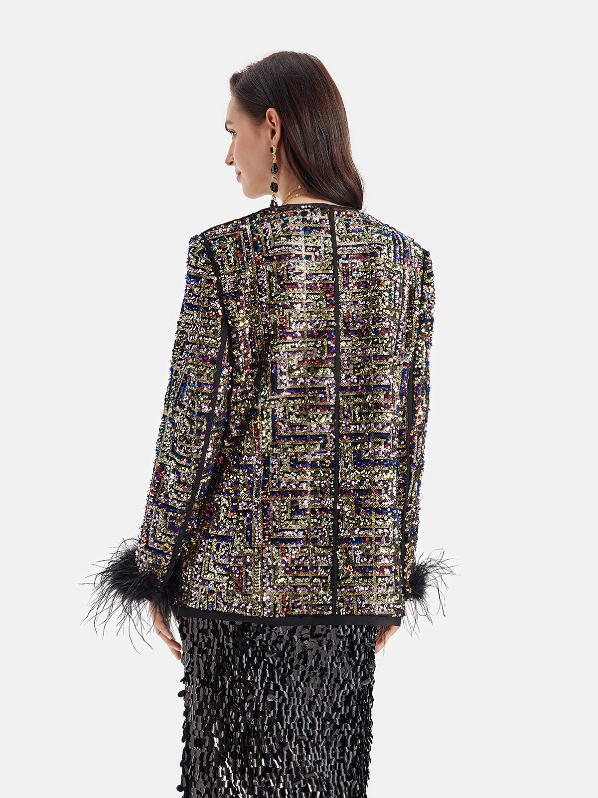 Velvet Sequin Ostrich Feather Coat