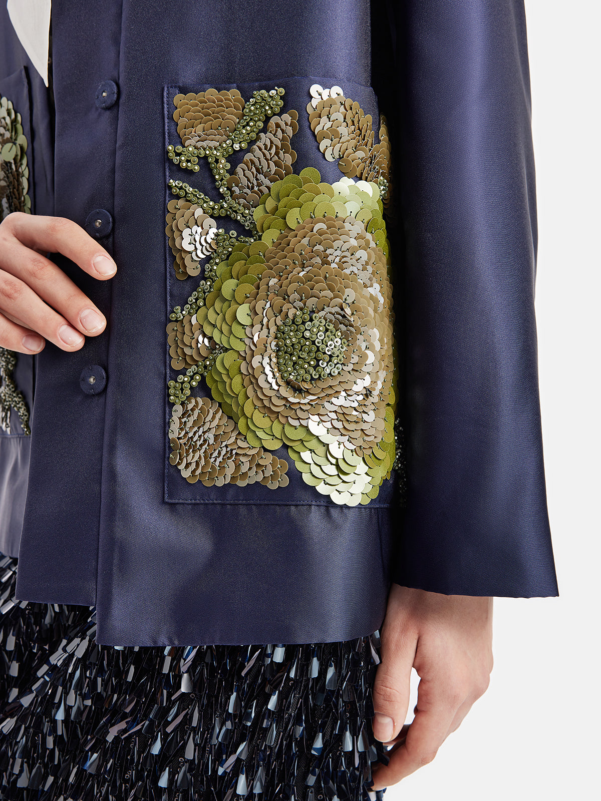 Satin Sequin Floral Embroidered Coat