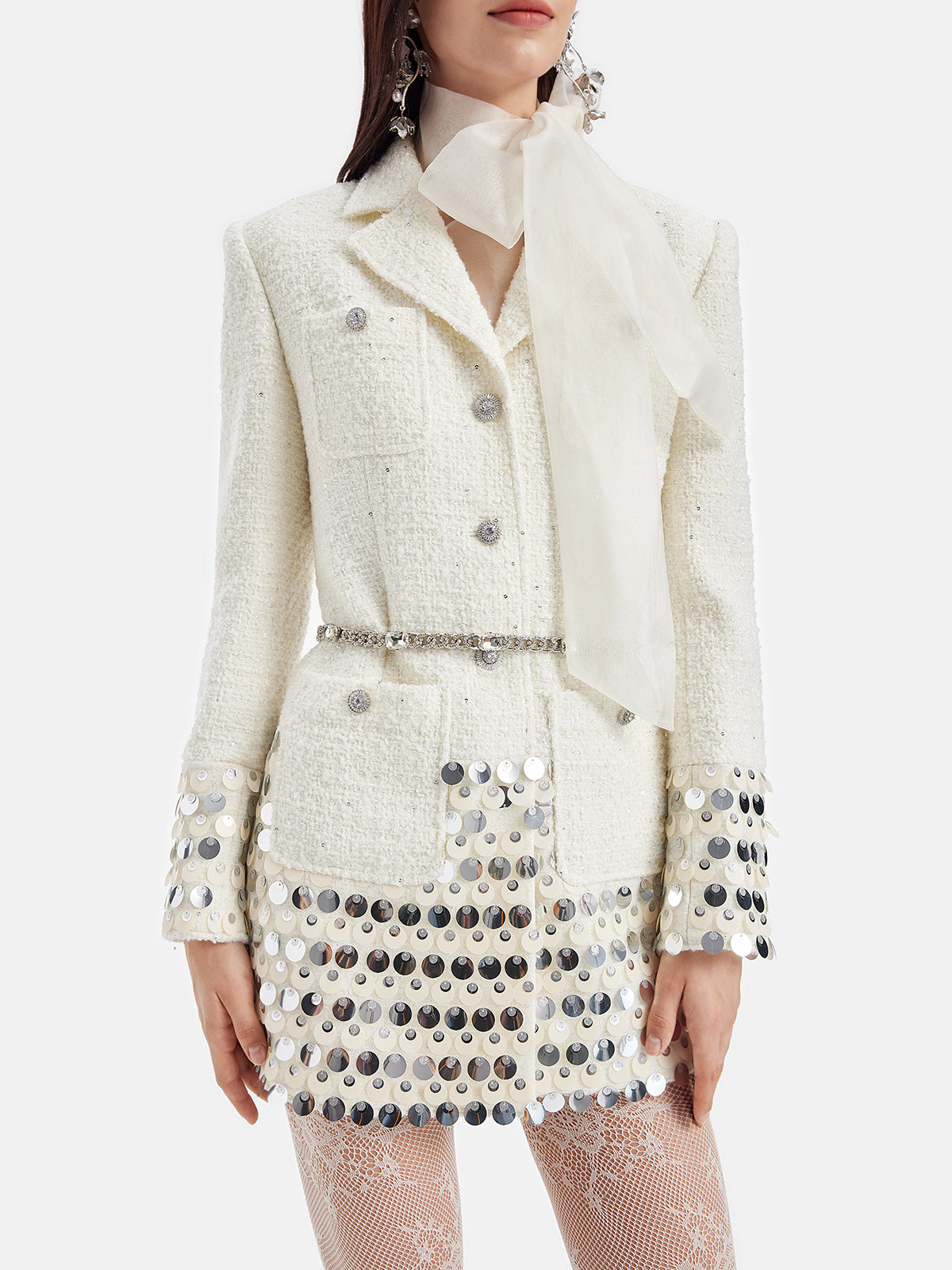 Sequin Tweed Blazer Dress with Waist Chain